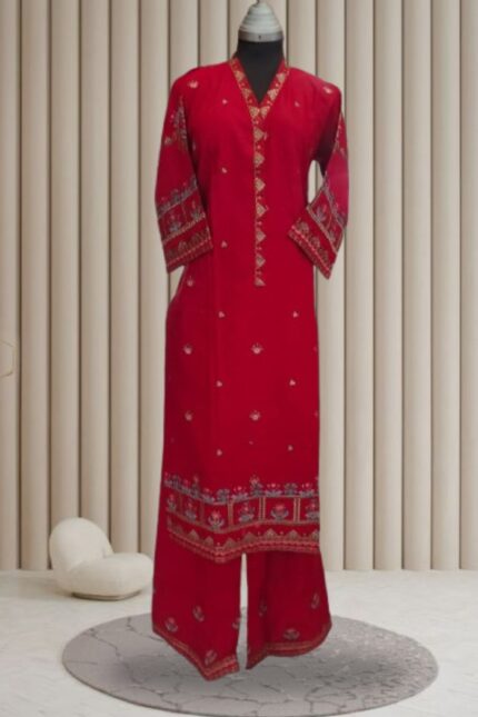 Red Embroidered 2 Piece Coord Set